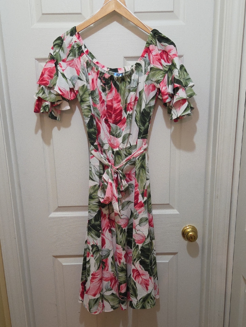 Gabby Skye Pink & Green Off-Shoulder Tie-Waist Midi Dress
